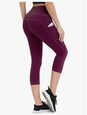 ALONG FIT Maroon Capri Leggings Size M High Rise Pocket Athletic Yoga Pants